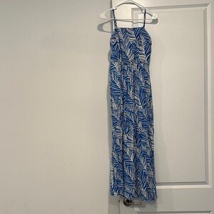 Blue and White Leaf Print Maxi Dress